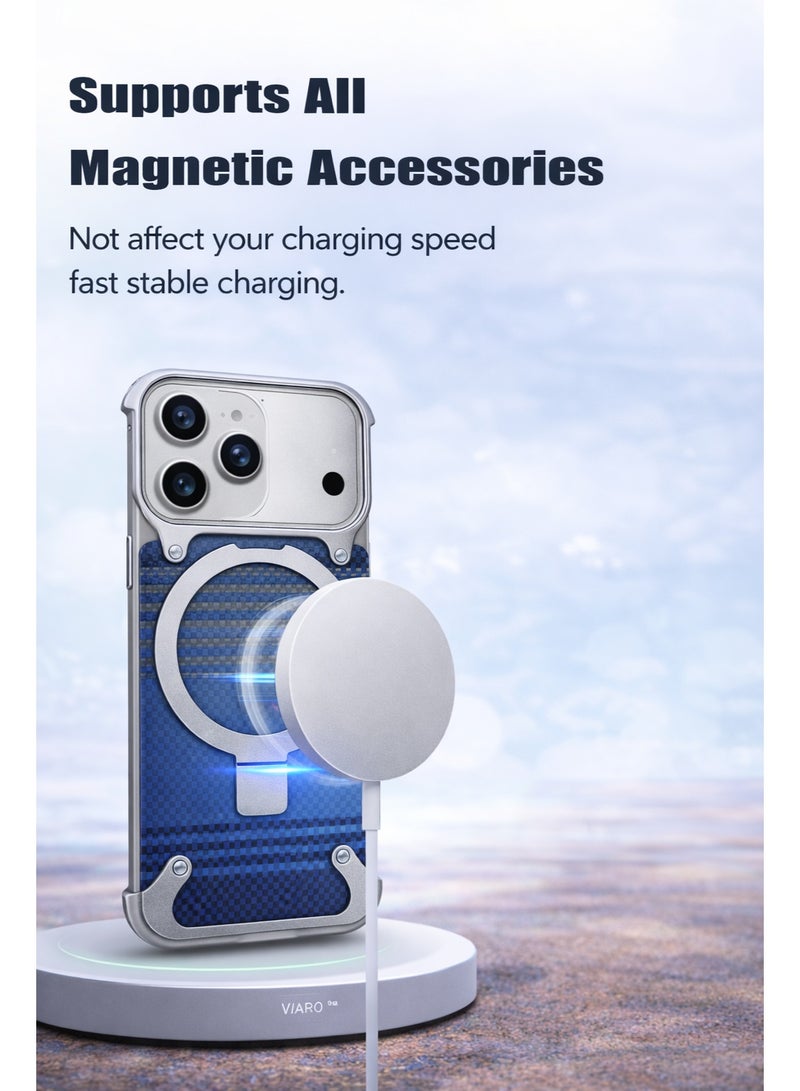 iPhone 17 Pro Case with Magnetic Ring Stand, Wireless Charging Compatible, Premium Metal Frame, Arctic Blue Carbon Fiber Texture, Slim Shockproof Protective Cover - Image 2